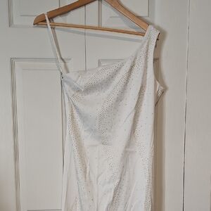 Rampage One-Shoulder White Rhinestone Slit Evening Gown – Size 9